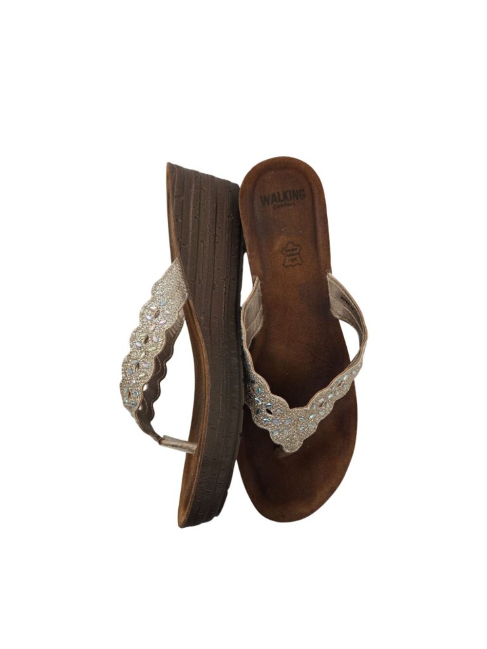 Walking Comfort Wedge Scalloped and Beaded Thong Strap Sandals Size 40/US 9 - Picture 3 of 10